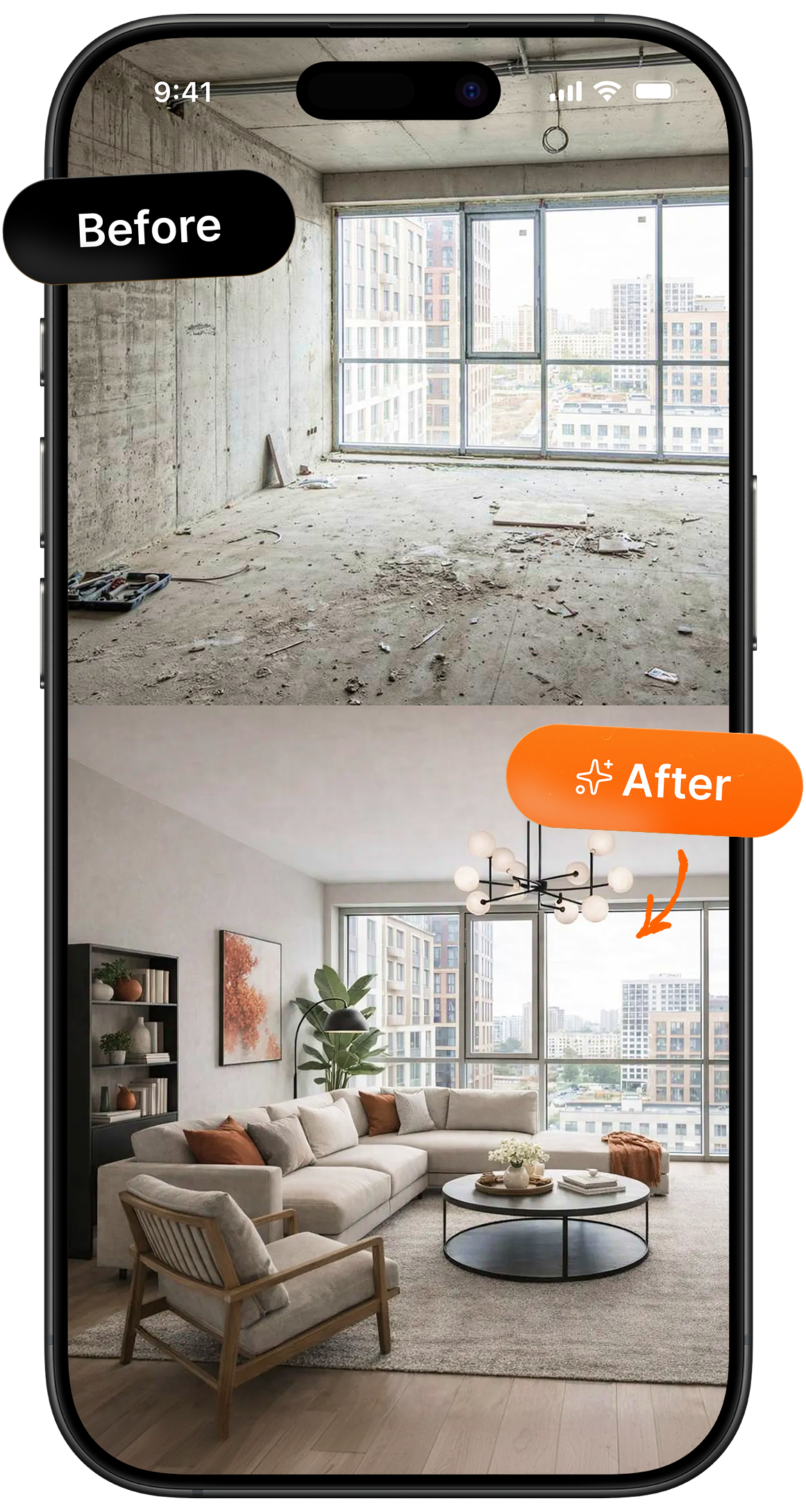 AI room staging — before and after